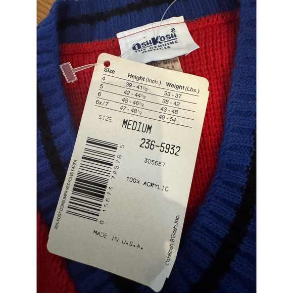 Vintage Oshkosh Red Blue Sweater Chest Patch Embroidered Sz M Boys V Neck NWT - Picture 4 of 9